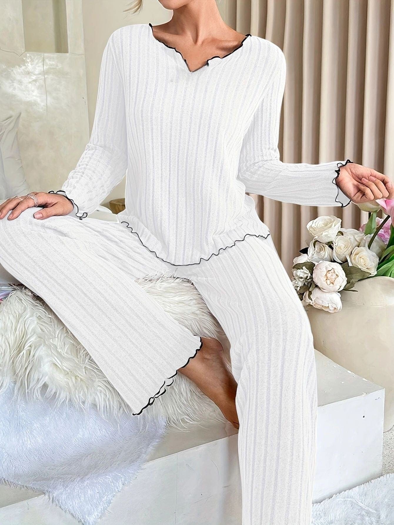 Elegant Cotton Pajama Set for Women Comfortable with Ruffles Relaxed Nights 1