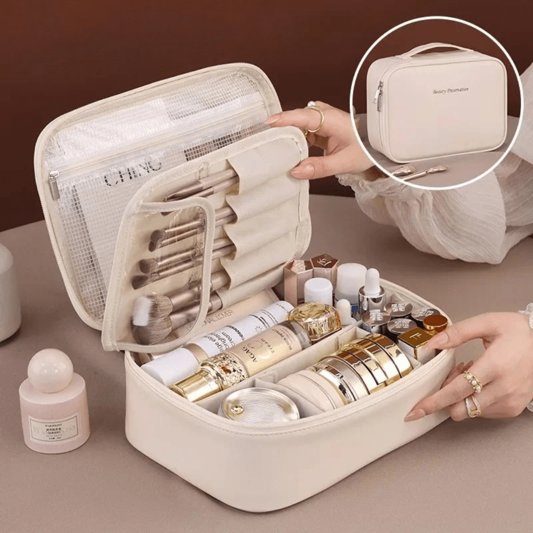 Pavoco Kosmetiktaschen Beige Matteo strapazierfähige PU-Leder Vanitybag für Damen kompakt