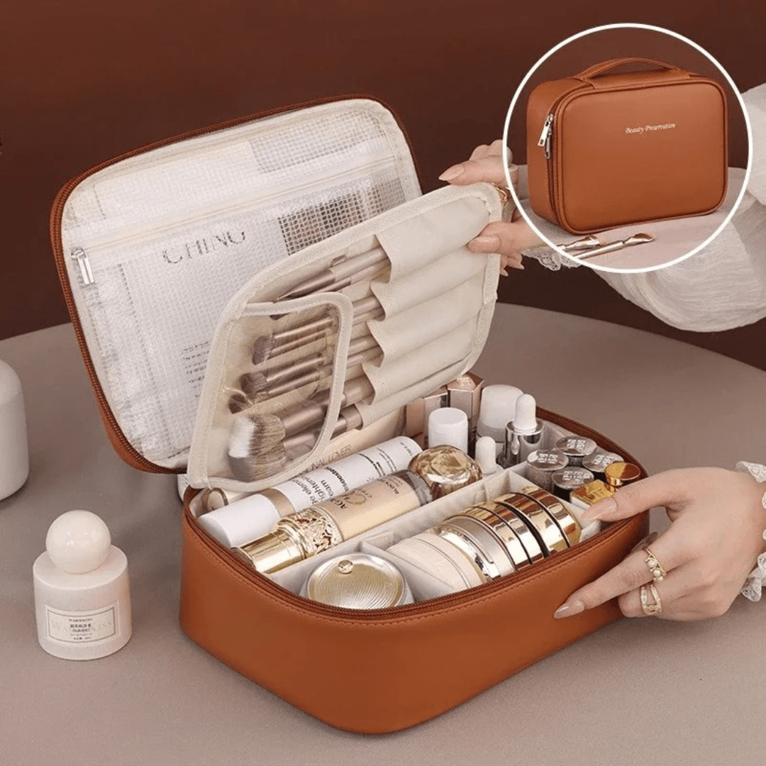 Pavoco Kosmetiktaschen Braun Matteo strapazierfähige PU-Leder Vanitybag für Damen kompakt