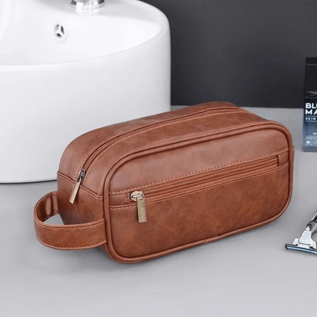 Pavoco Reise-Toilettenartikel-Taschen Dunkelbraun-A Adrian elegante Leder Kulturbeutel für Herren geräumig