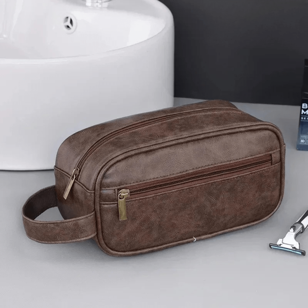 Pavoco Reise-Toilettenartikel-Taschen Kaffee-A Adrian elegante Leder Kulturbeutel für Herren geräumig