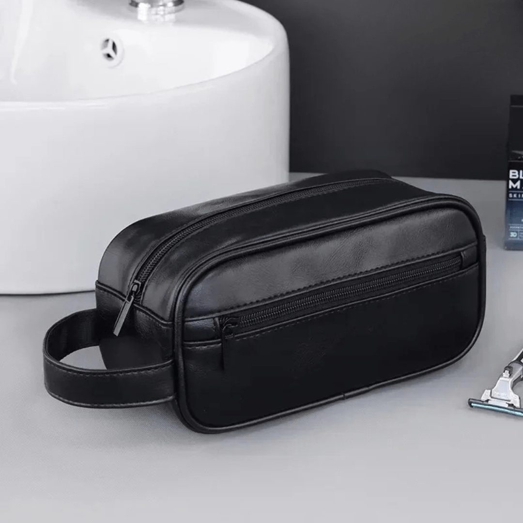 Pavoco Reise-Toilettenartikel-Taschen Schwarz-A Adrian elegante Leder Kulturbeutel für Herren geräumig