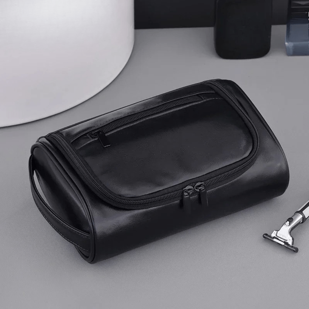 Pavoco Reise-Toilettenartikel-Taschen Schwarz-B Adrian elegante Leder Kulturbeutel für Herren geräumig