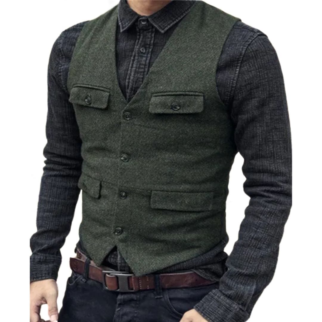 Primadon Anzüge & Blazer Armeegrün / XS Carlos | Elegante Herrenweste aus Fischgräten-Wolltweed