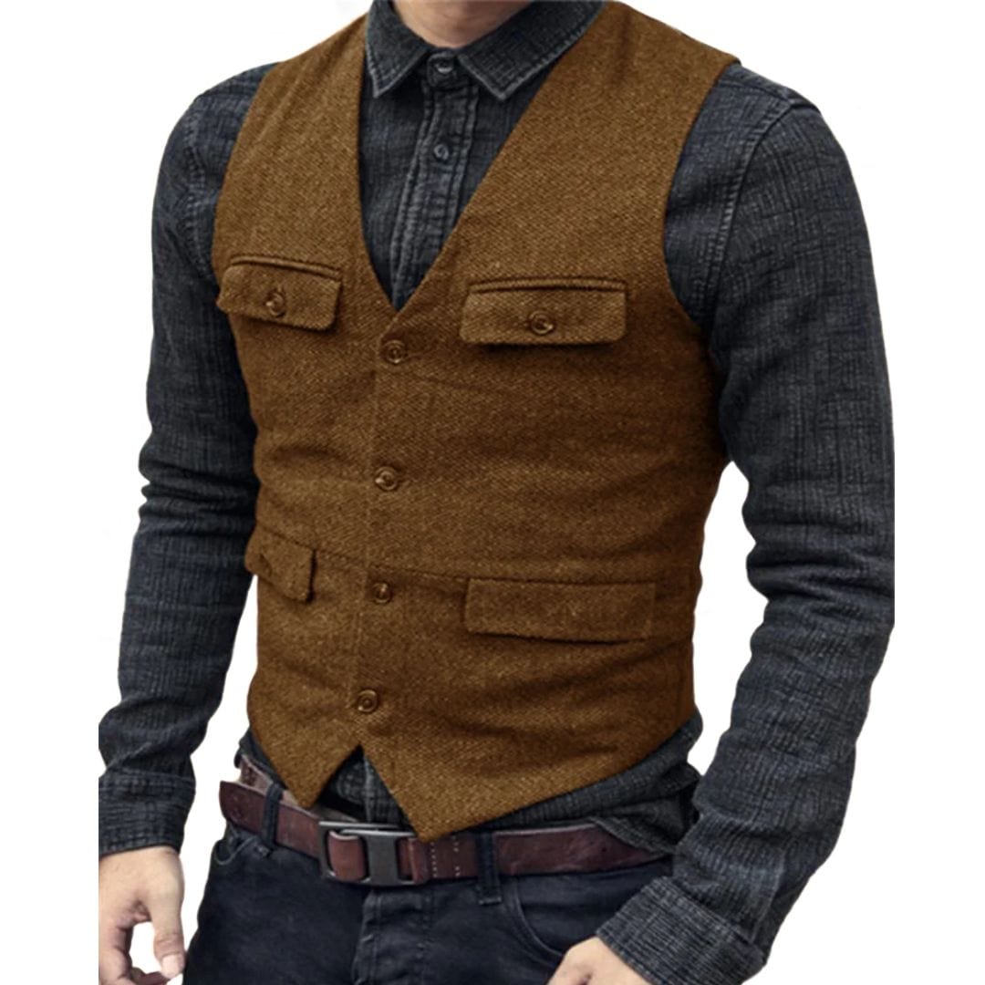 Primadon Anzüge & Blazer Braun / XS Carlos | Elegante Herrenweste aus Fischgräten-Wolltweed