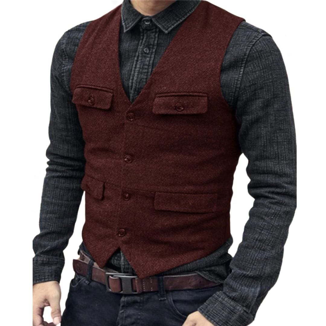 Primadon Anzüge & Blazer Burgund / XS Carlos | Elegante Herrenweste aus Fischgräten-Wolltweed