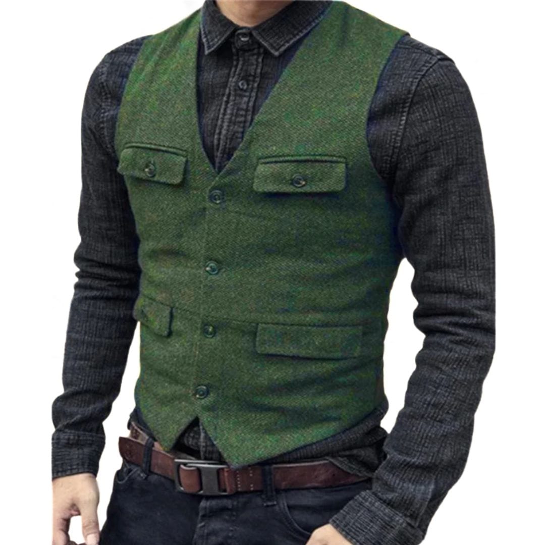 Primadon Anzüge & Blazer Grün / XS Carlos | Elegante Herrenweste aus Fischgräten-Wolltweed