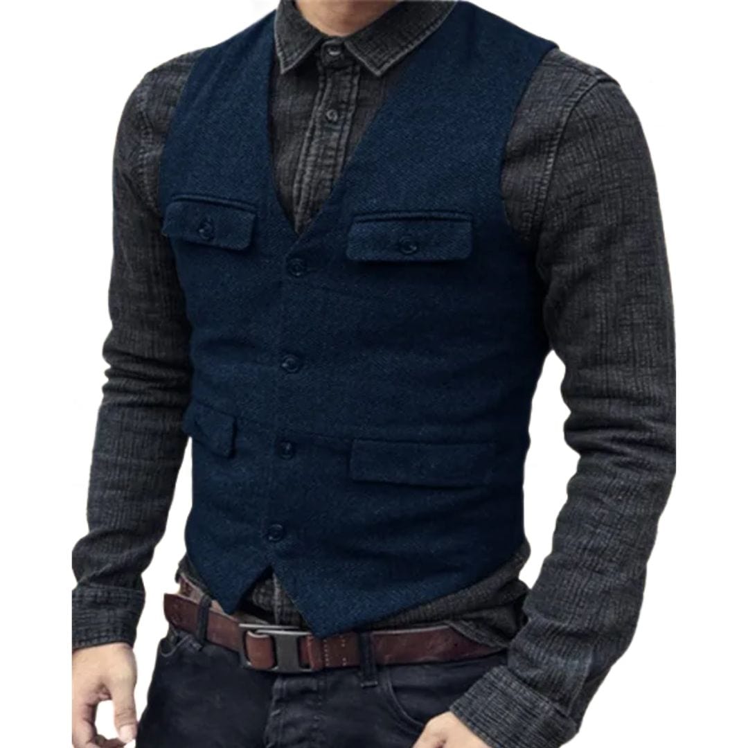 Primadon Anzüge & Blazer Navy Blau / XS Carlos | Elegante Herrenweste aus Fischgräten-Wolltweed