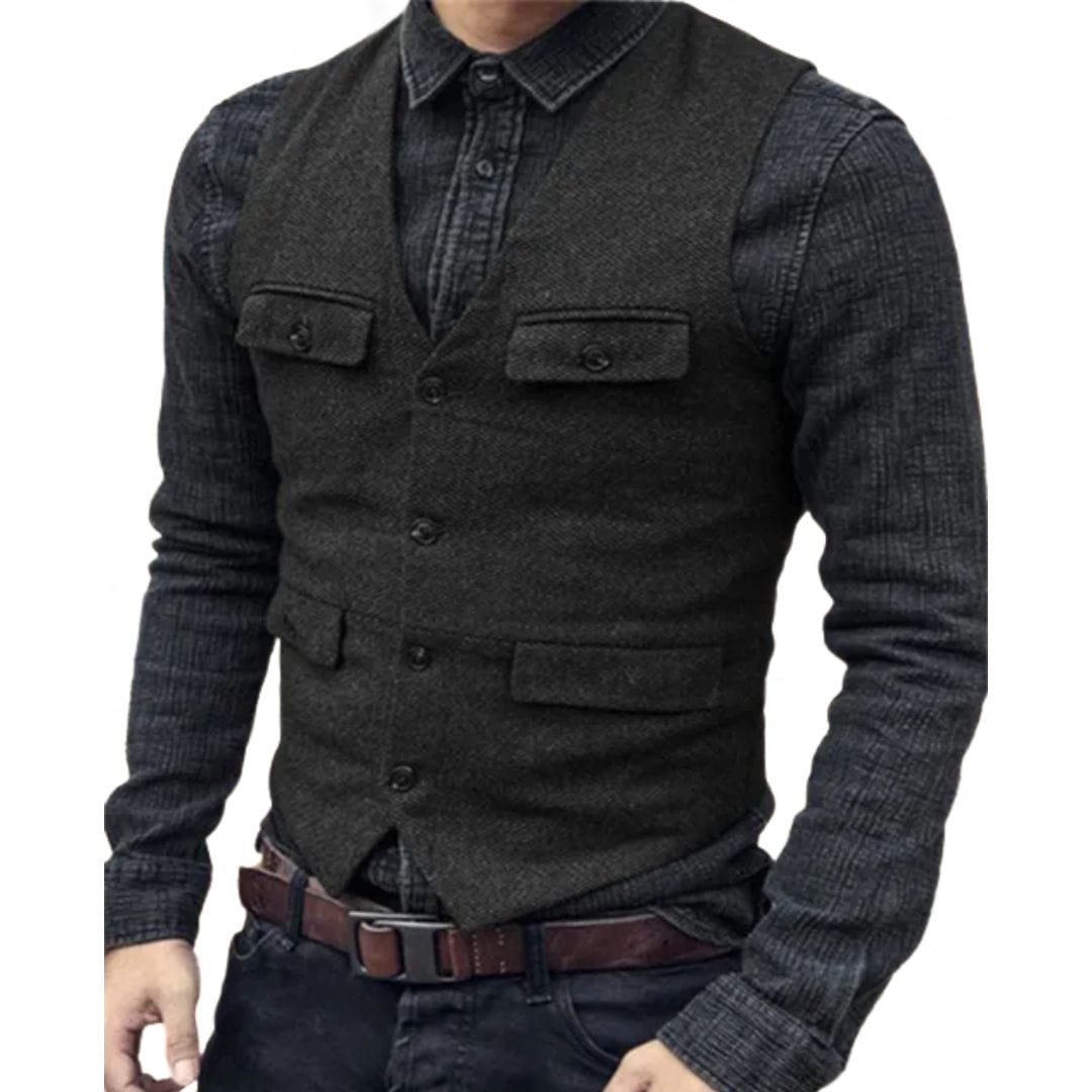 Primadon Anzüge & Blazer Schwarz / XS Carlos | Elegante Herrenweste aus Fischgräten-Wolltweed