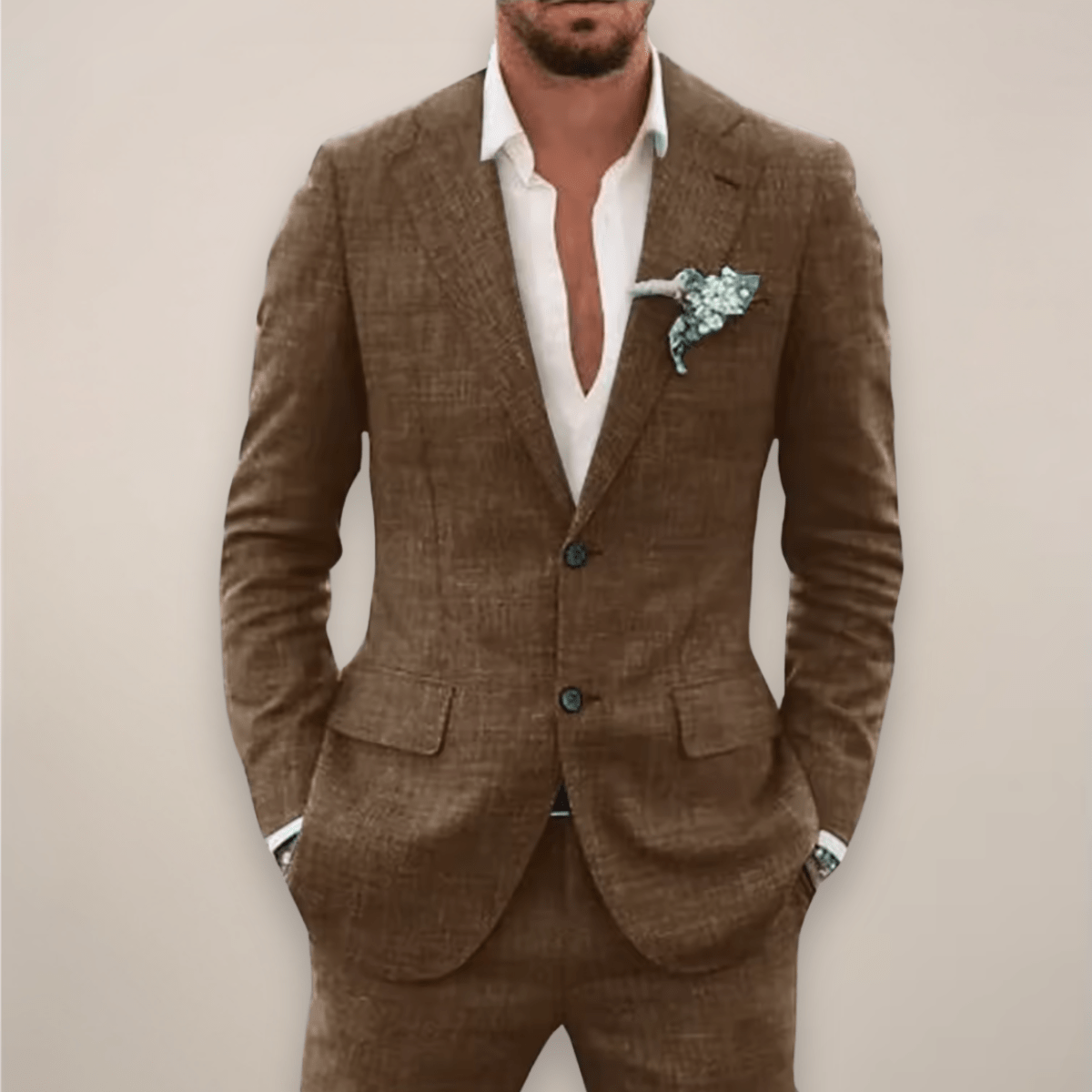Primadon Anzüge Braun / M Max | Eleganter Anzug für Herren Hochzeit Leinenmix