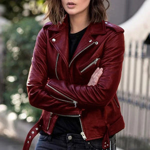 Primadon Bikerjacken Rot / S Stylische Bikerjacke für Damen aus PU-Leder vintage inspiriert mit Taschen