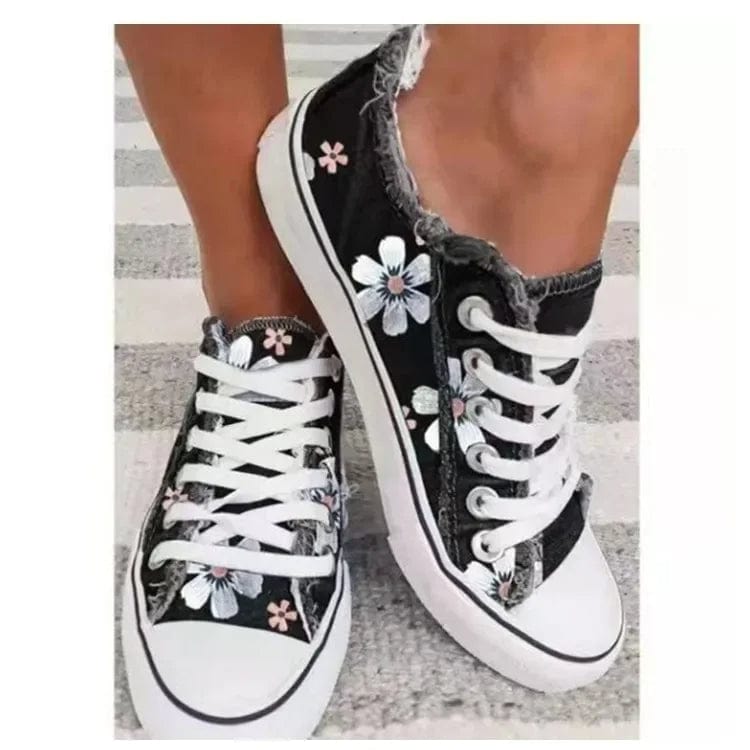 Primadon Damen Schuhe Schwarz / 37 (23.5cm) Amelie | Stilvolle Sneakers für Damen mit Retro-Blumendruck