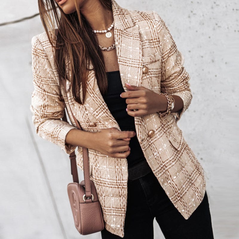 Primadon Damenblazer Beige / 36 Karo Damen Blazer | Eleganter Polyester-Stil für Herbstoutfits