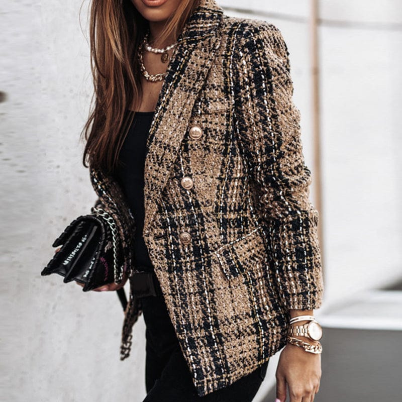 Primadon Damenblazer Braun / 36 Karo Damen Blazer | Eleganter Polyester-Stil für Herbstoutfits