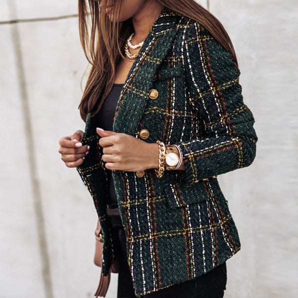 Primadon Damenblazer Grün / 36 Karo Damen Blazer | Eleganter Polyester-Stil für Herbstoutfits