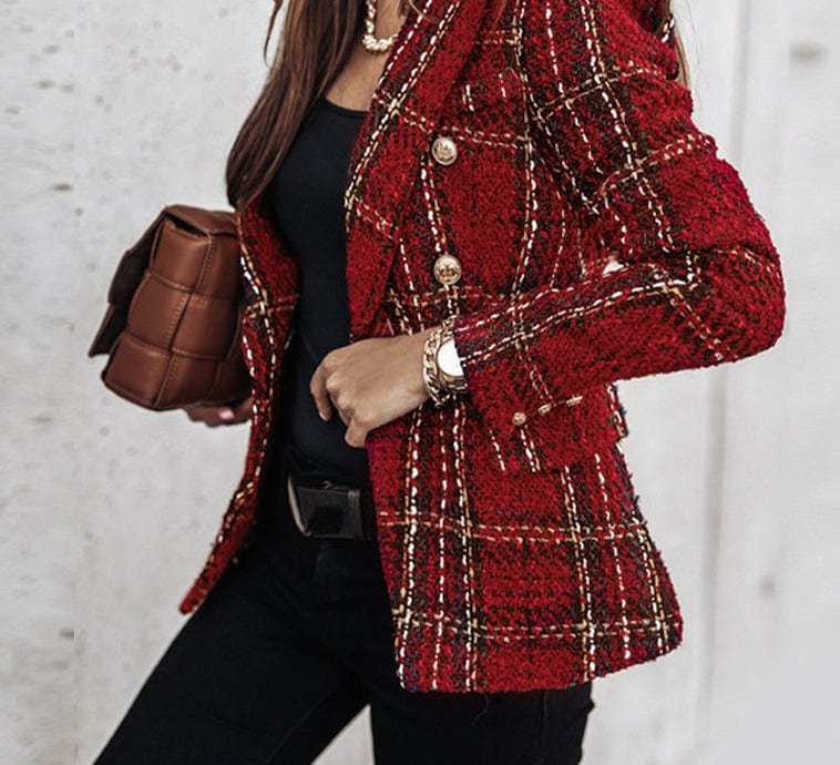 Primadon Damenblazer Rot / 36 Karo Damen Blazer | Eleganter Polyester-Stil für Herbstoutfits