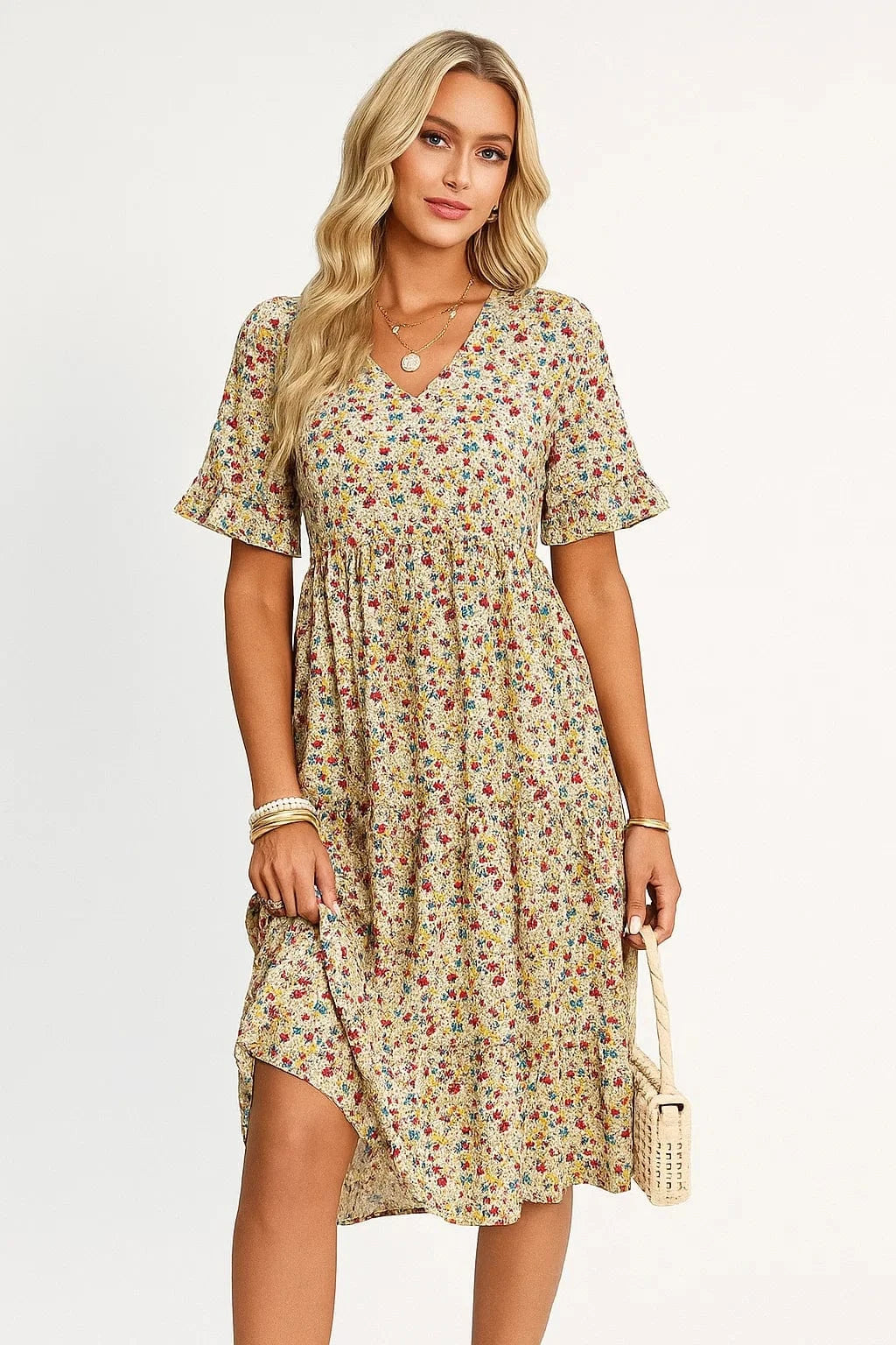 Primadon Damenkleider Aprikose / S Mira lebhaftes Blumen Minikleid für Damen Baumwolle