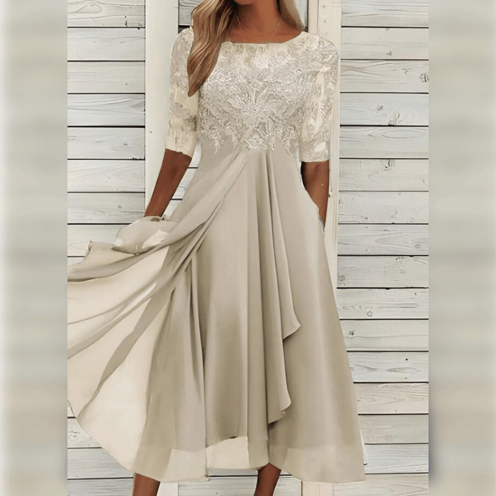 Primadon Damenkleider Beige / S Liv | Elegantes Midi Kleid für Damen Sommerkleider