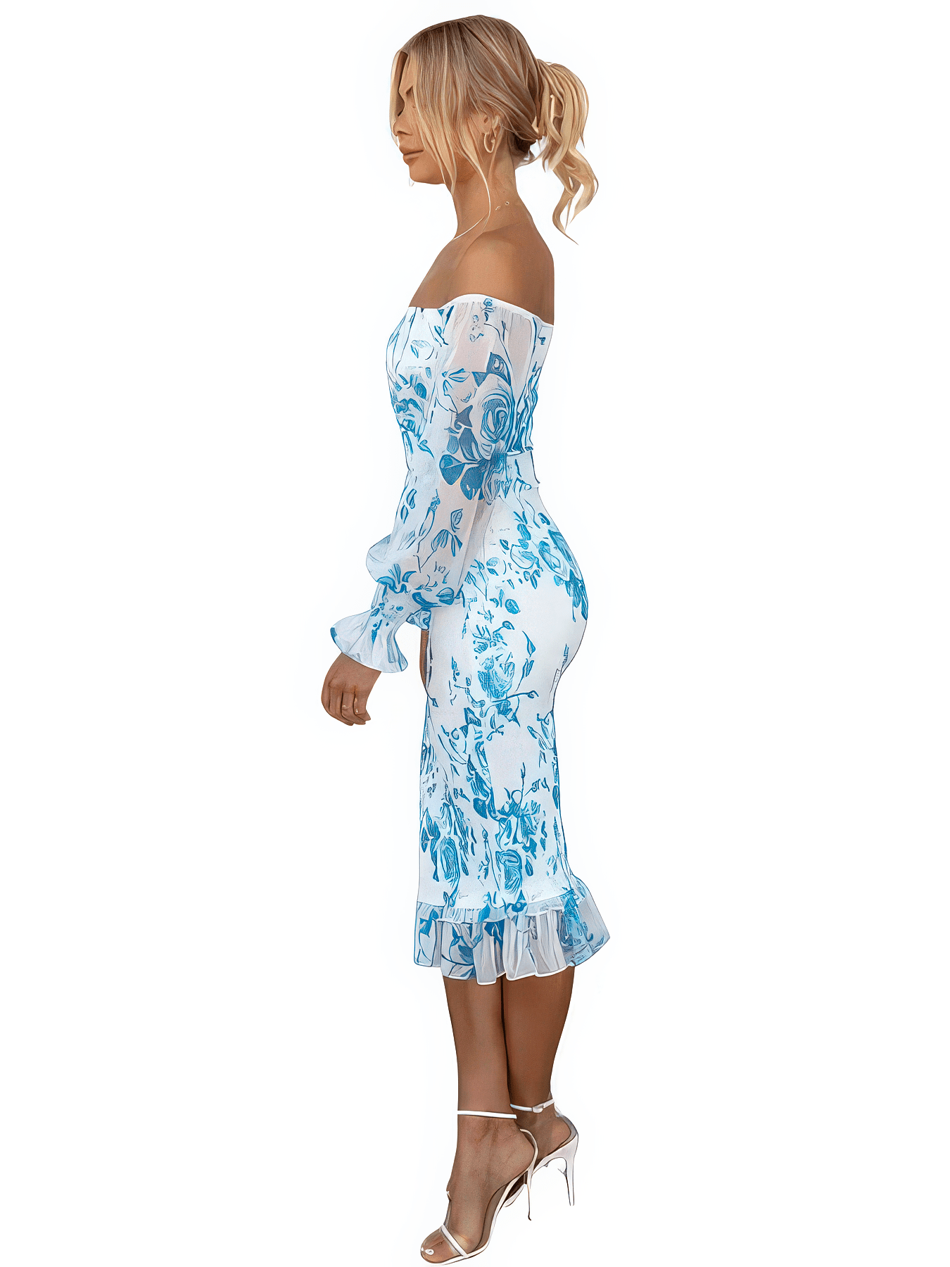 Primadon Damenkleider Blau bemustert / S Thalia schulterfreies Sommerkleid für Damen Baumwolle