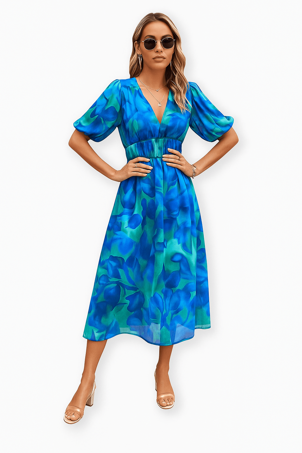 Primadon Damenkleider Blau / S Romina elegantes V-Ausschnitt Kleid für Damen pflegeleicht