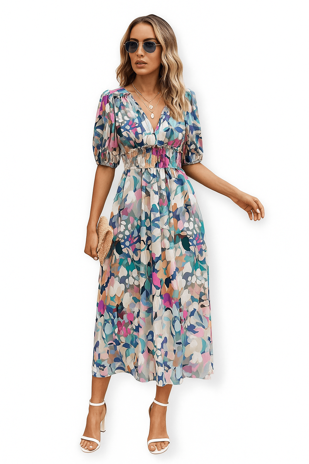 Primadon Damenkleider Bunt / S Romina elegantes V-Ausschnitt Kleid für Damen pflegeleicht