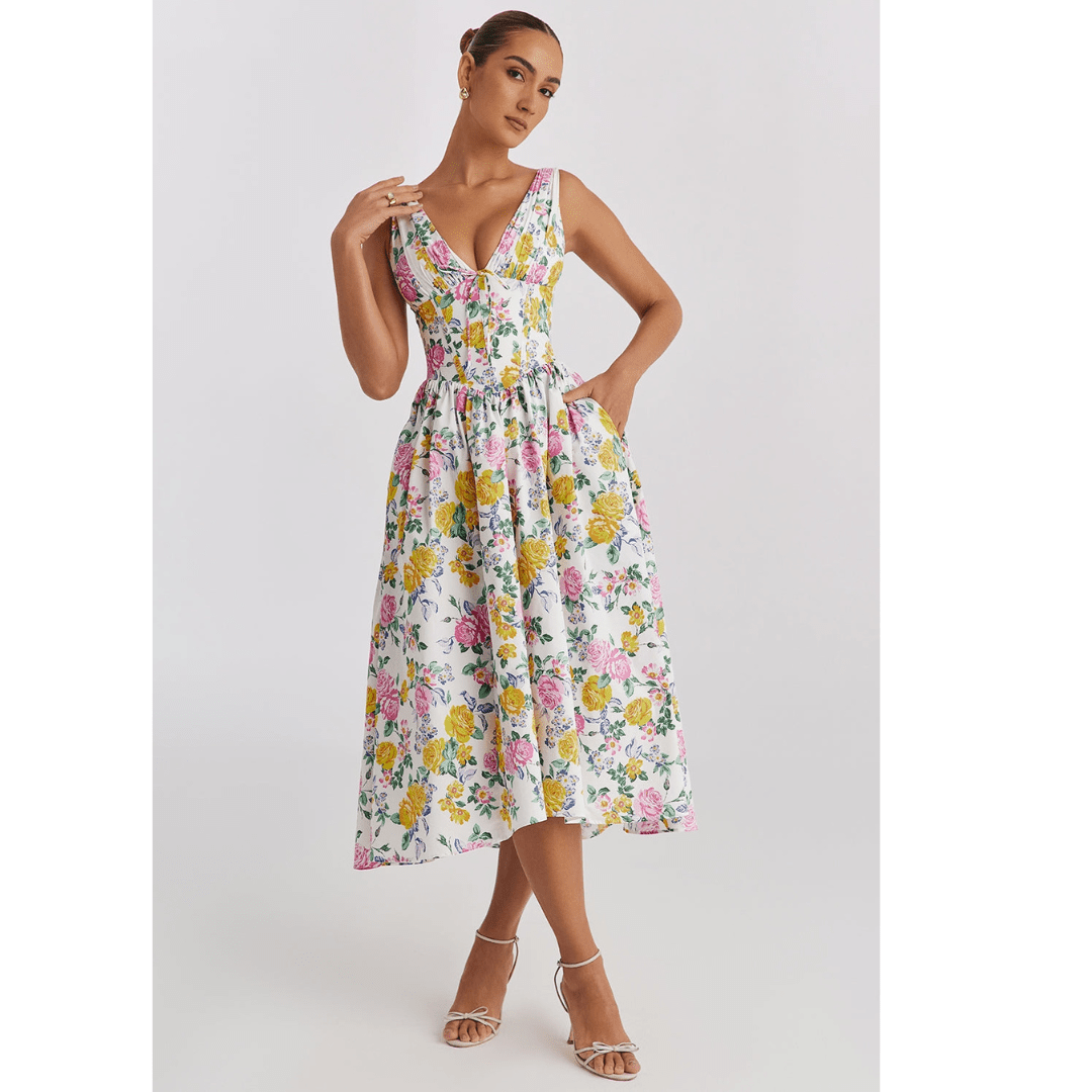 Primadon Damenkleider Gelb Geblümt / S Elena | leichtes Blumenkleid für Damen midi
