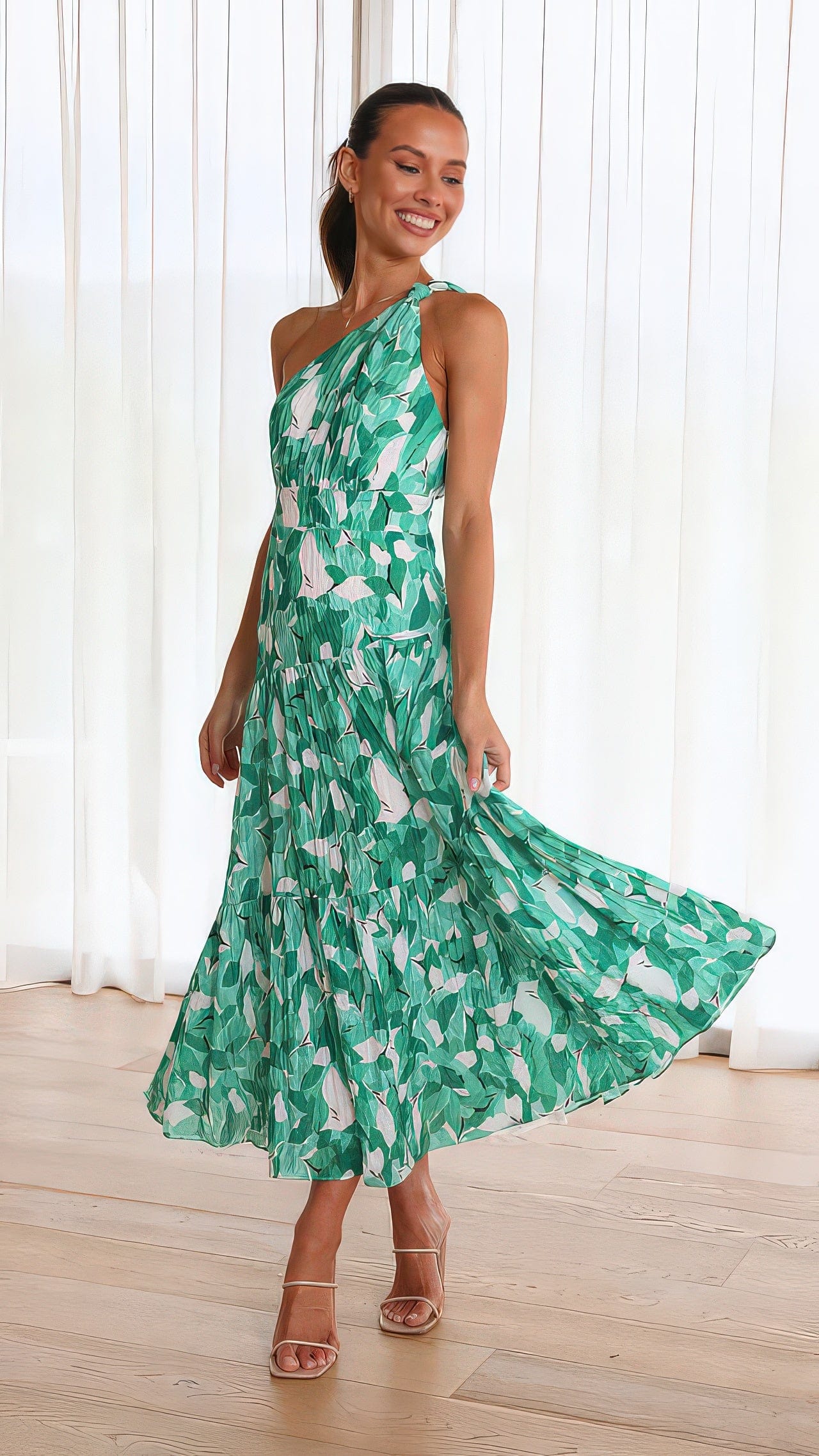 Primadon Damenkleider Grün / S Cosima | elegantes One-Shoulder Kleid für Damen Sommer