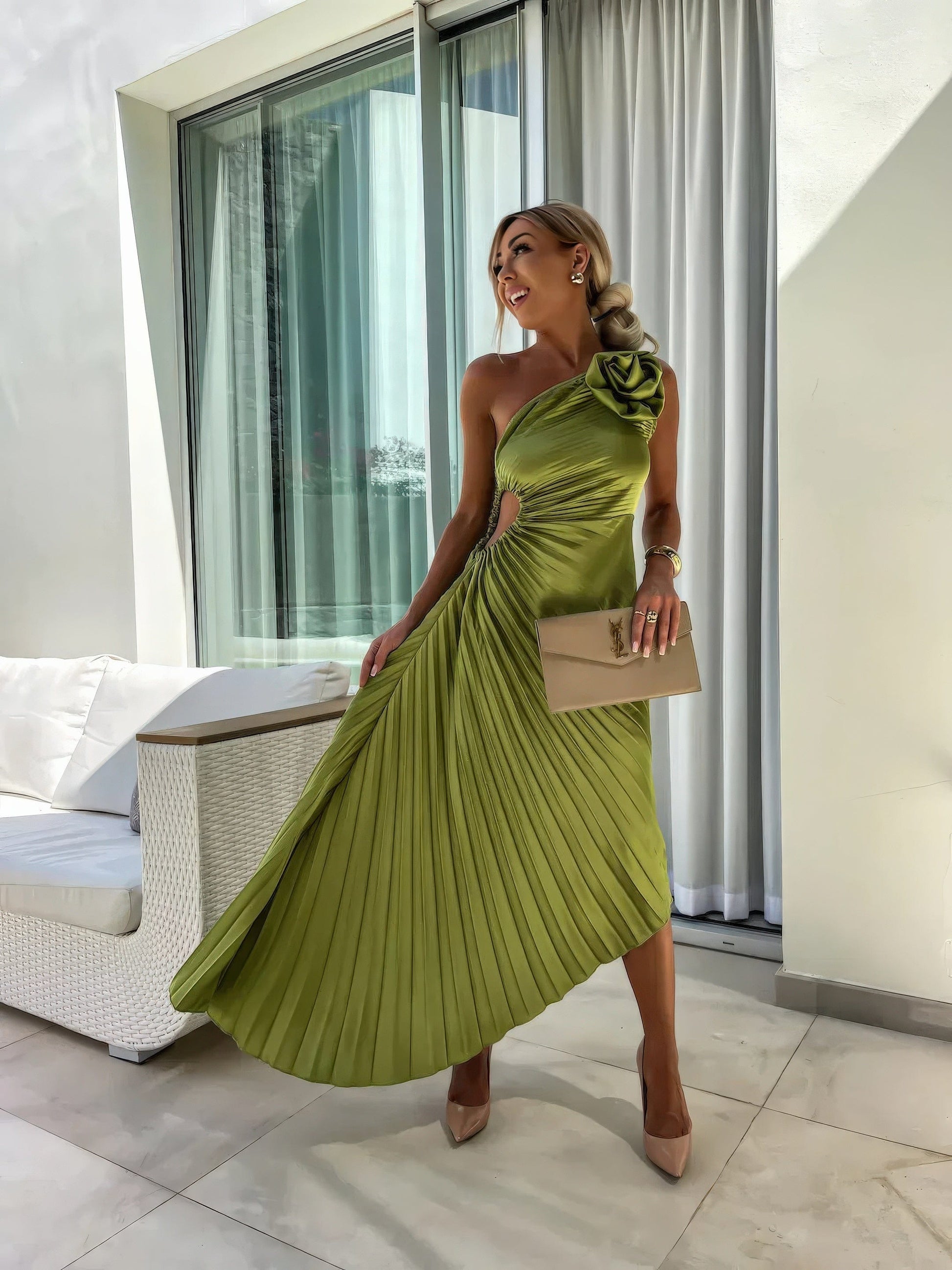 Primadon Damenkleider Grün / S Lizbeth romantisches One-Shoulder-Kleid für Damen Sommer