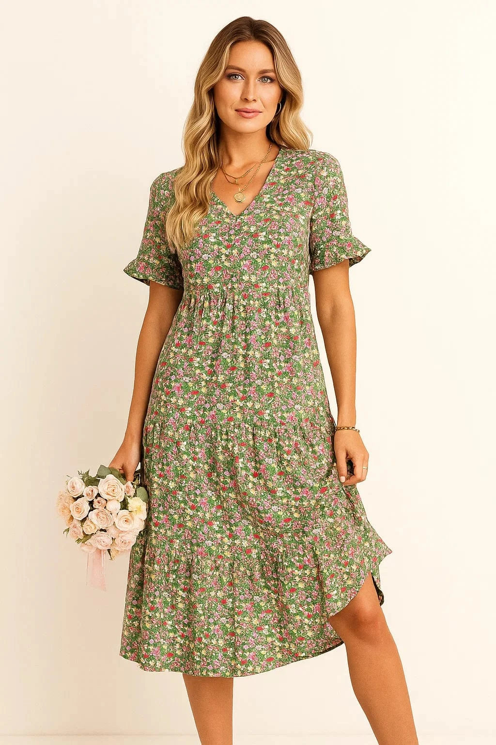Primadon Damenkleider Grün / S Mira lebhaftes Blumen Minikleid für Damen Baumwolle