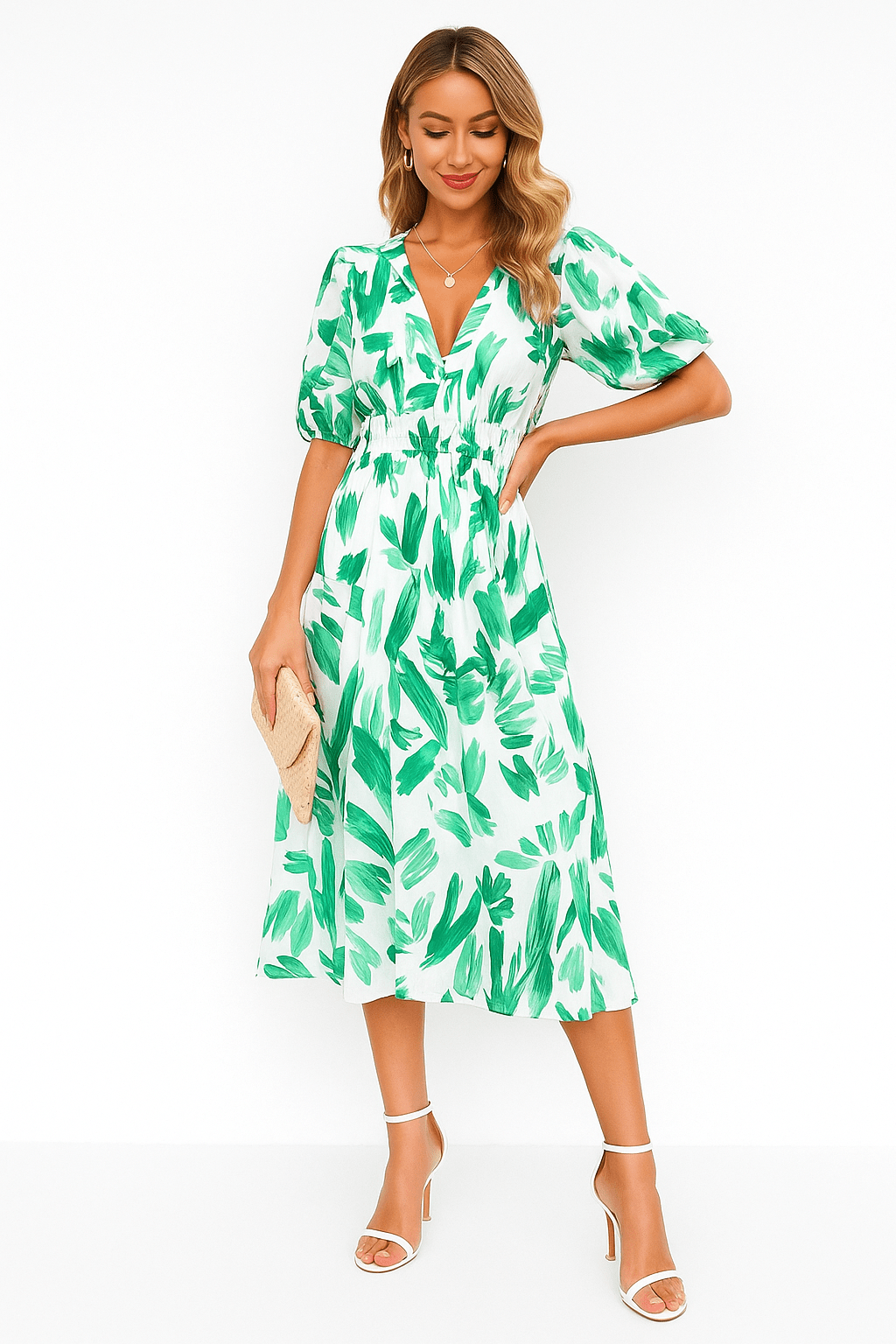 Primadon Damenkleider Grün / S Romina elegantes V-Ausschnitt Kleid für Damen pflegeleicht
