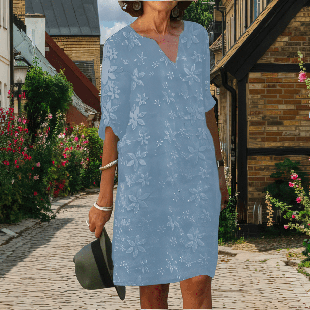 Primadon Damenkleider Himmelblau / S Bella | florales Kleid für Damen 3/4 Arm