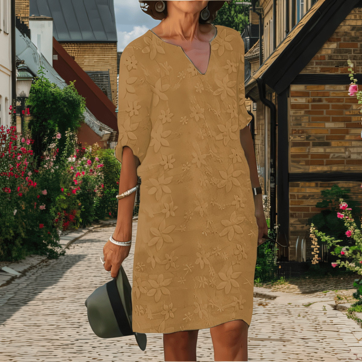 Primadon Damenkleider Khaki / S Bella | florales Kleid für Damen 3/4 Arm
