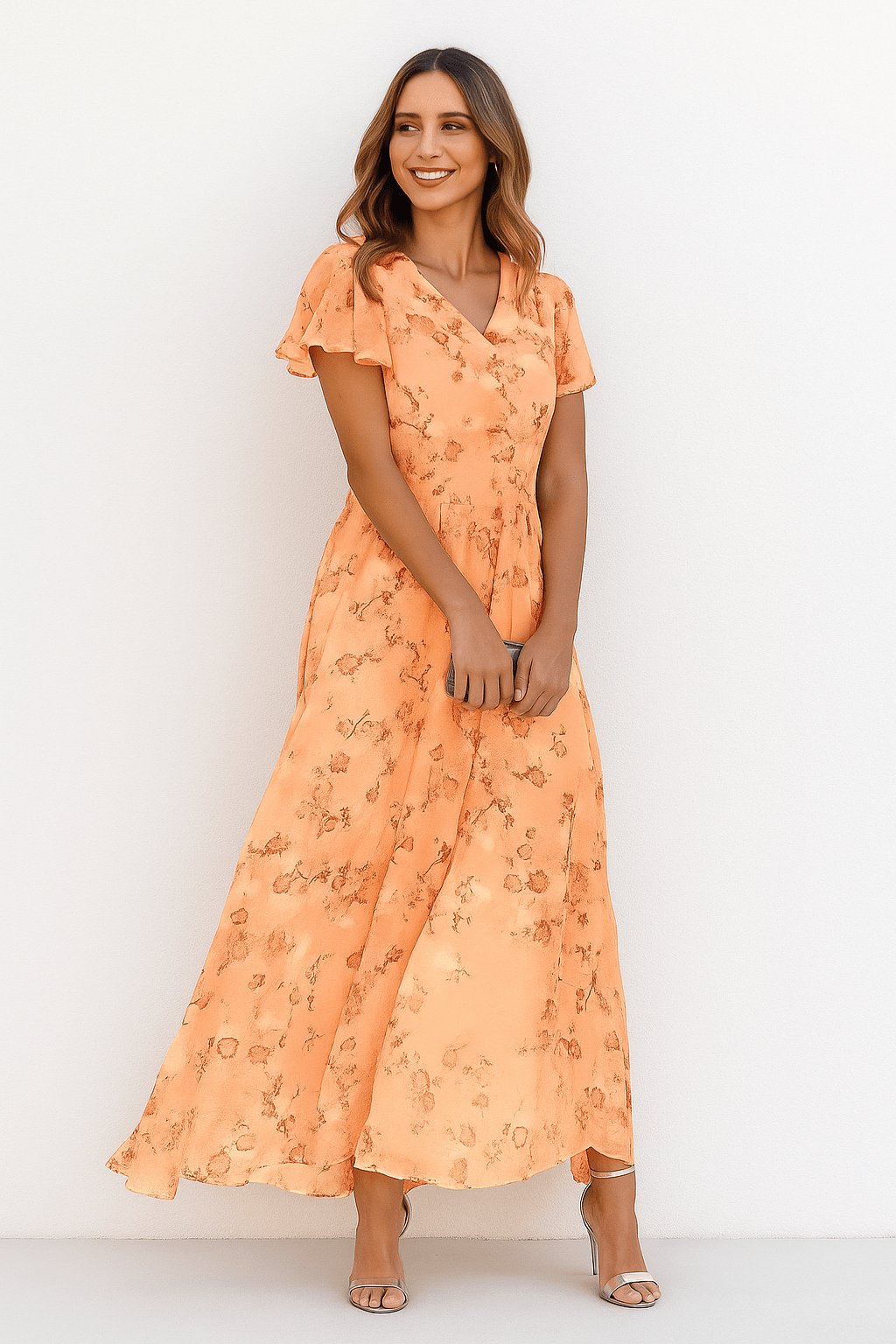 Primadon Damenkleider Orange / XS Alina figurschmeichelndes Maxikleid für Damen floral