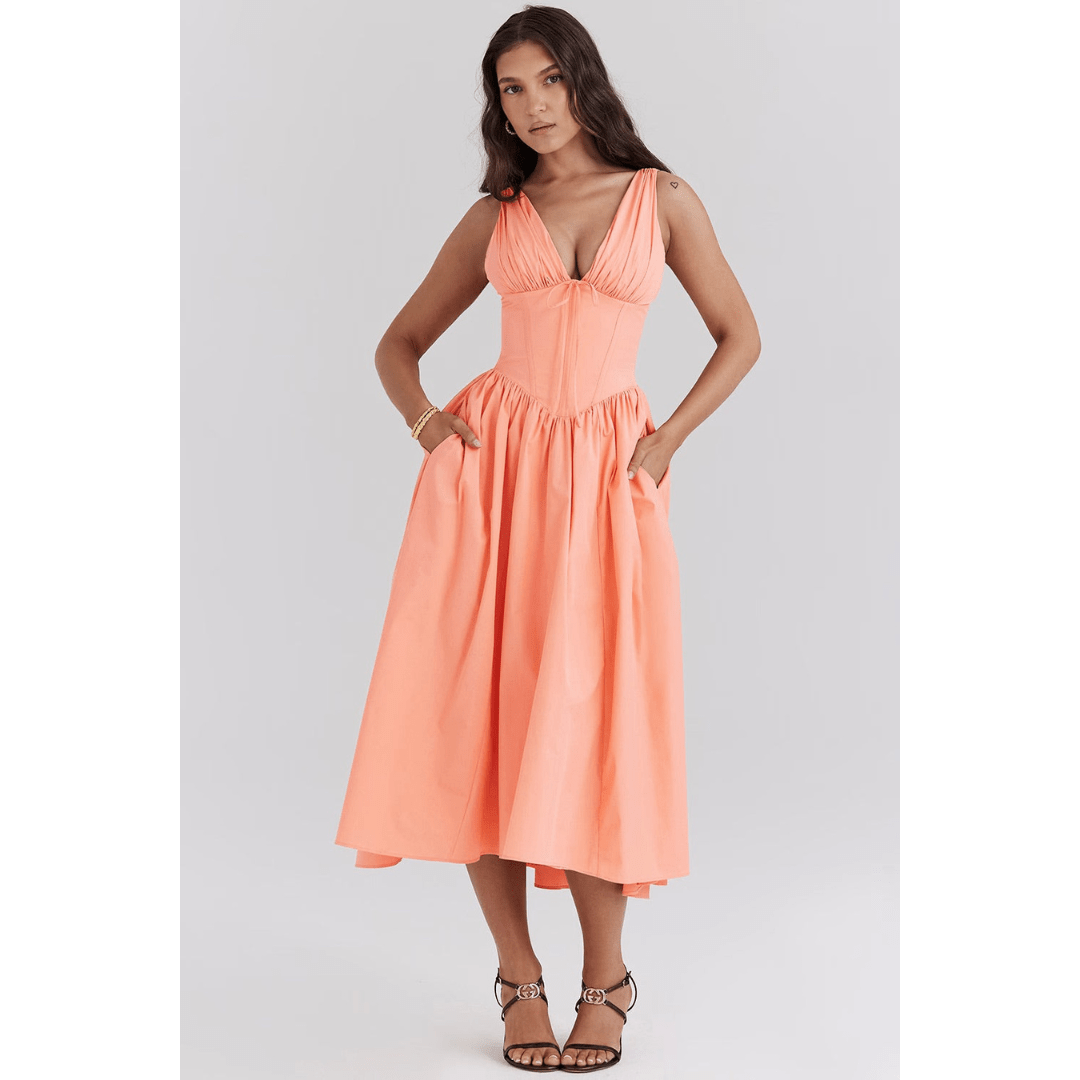 Primadon Damenkleider Pfirsich / S Elena | leichtes Blumenkleid für Damen midi