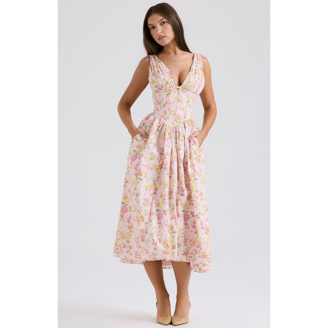 Primadon Damenkleider Rosa Geblümt / S Elena | leichtes Blumenkleid für Damen midi