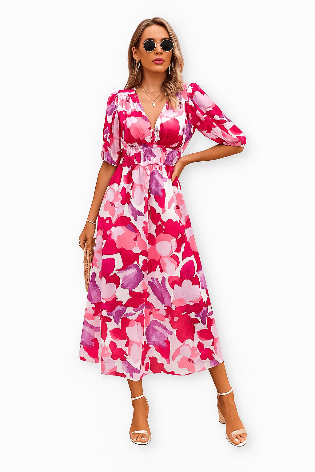 Primadon Damenkleider Rosa / S Romina elegantes V-Ausschnitt Kleid für Damen pflegeleicht