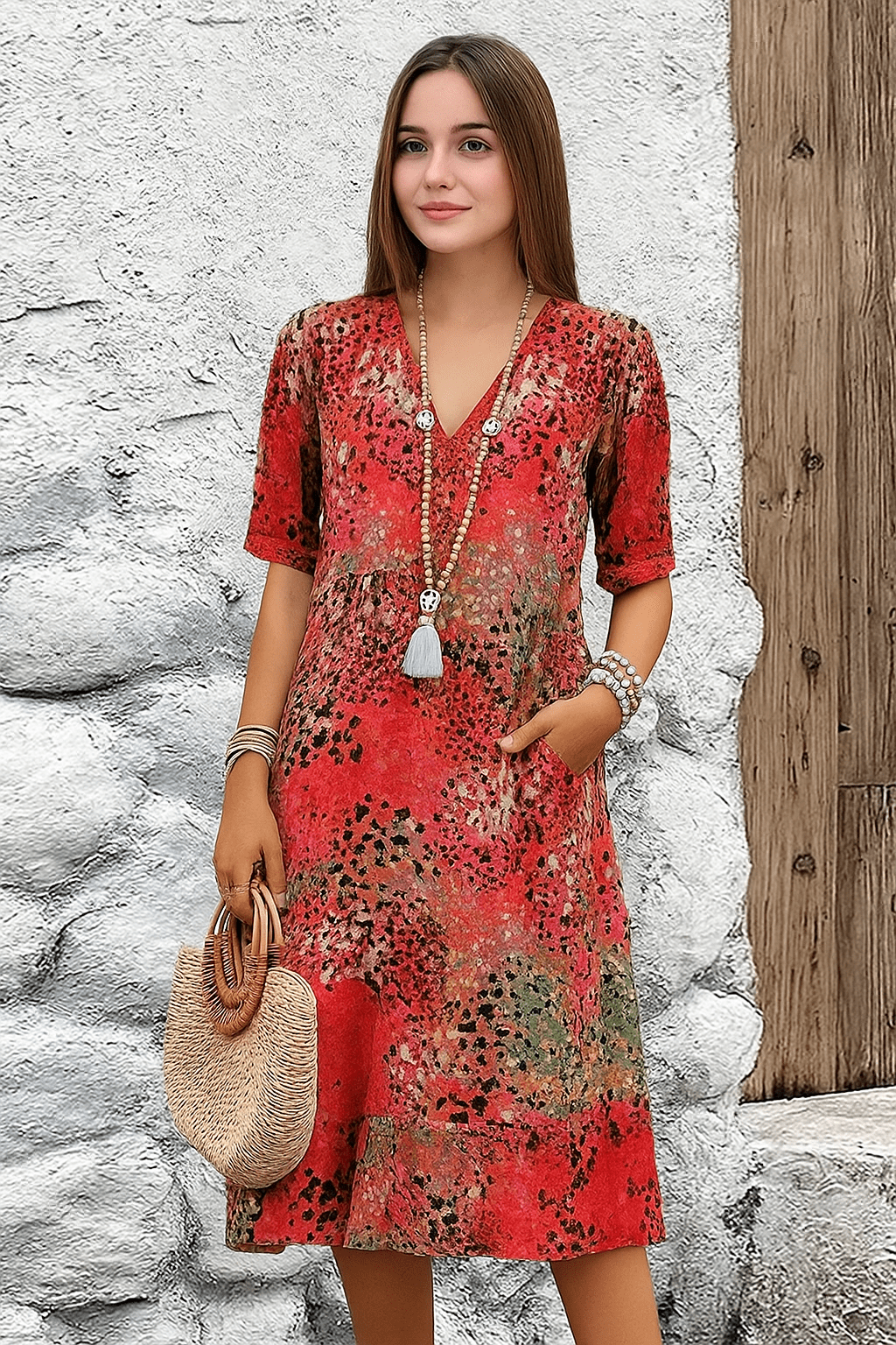 Primadon Damenkleider Rot / XS Paula | leichtes Midikleid für Damen kurzarm