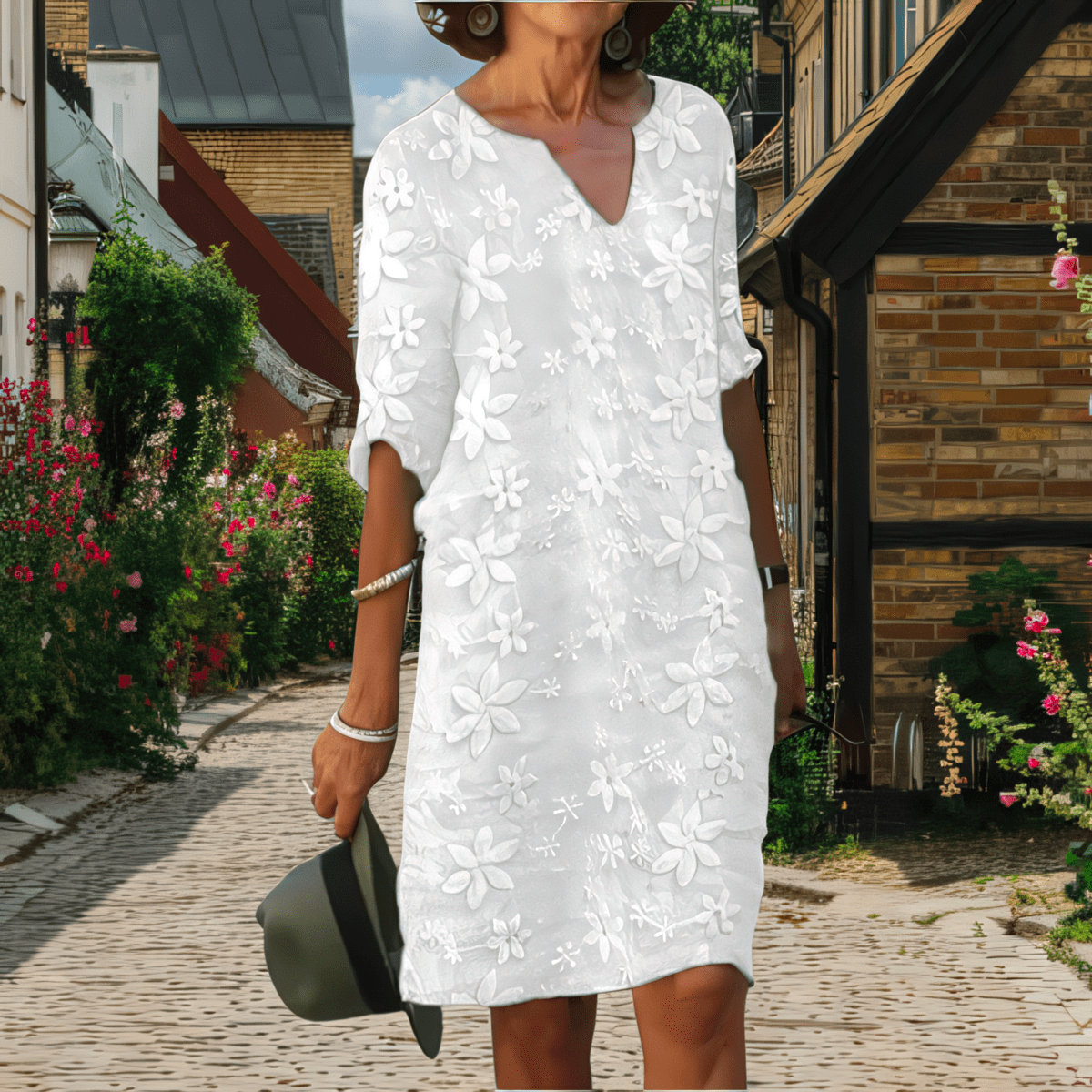 Primadon Damenkleider Weiß / S Bella | florales Kleid für Damen 3/4 Arm