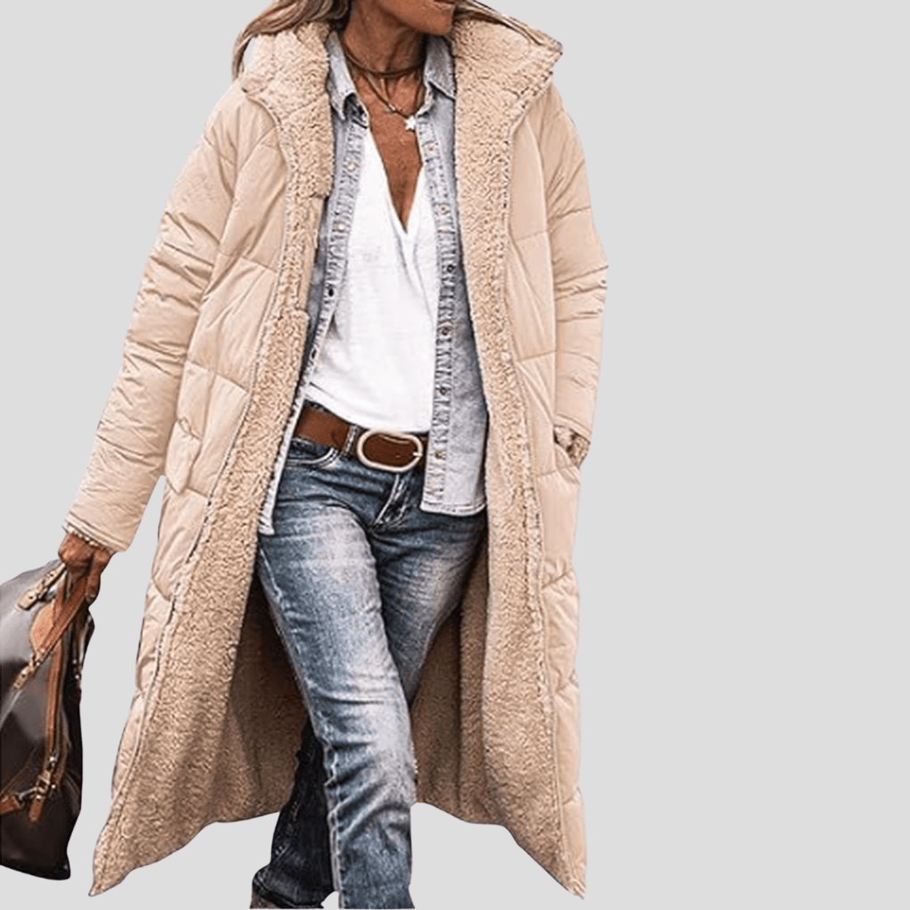 Primadon Damenmäntel & -jacken Beige / S Wendbarer Wintermantel für Damen lang mit Kapuze Teddyfutter warm elegant