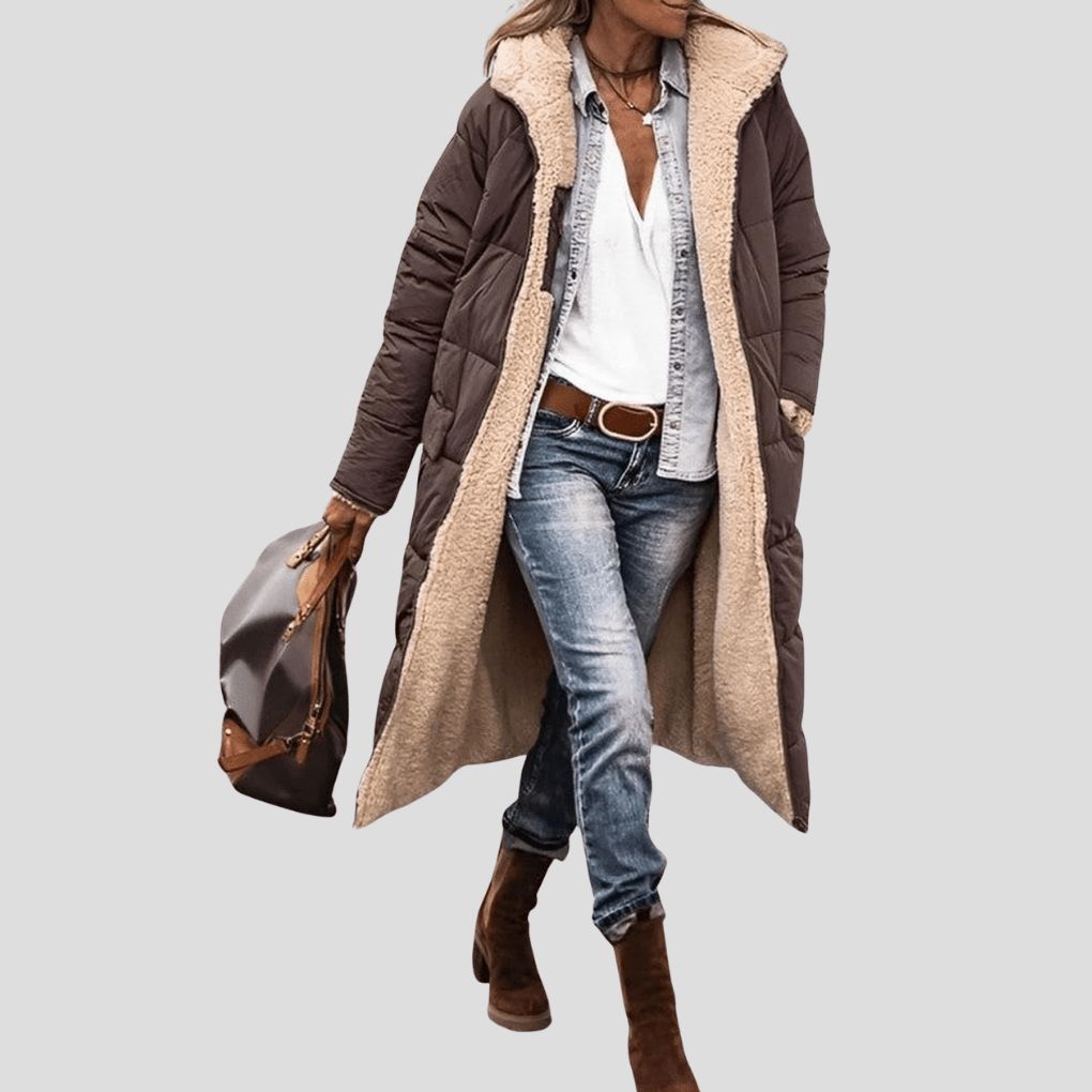 Primadon Damenmäntel & -jacken Braun / S Wendbarer Wintermantel für Damen lang mit Kapuze Teddyfutter warm elegant