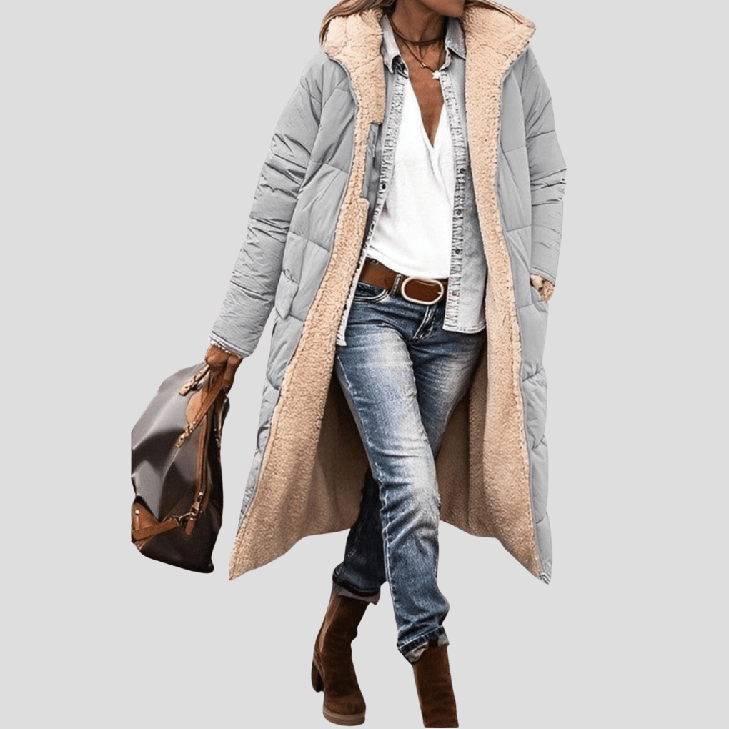 Primadon Damenmäntel & -jacken Grau / S Wendbarer Wintermantel für Damen lang mit Kapuze Teddyfutter warm elegant