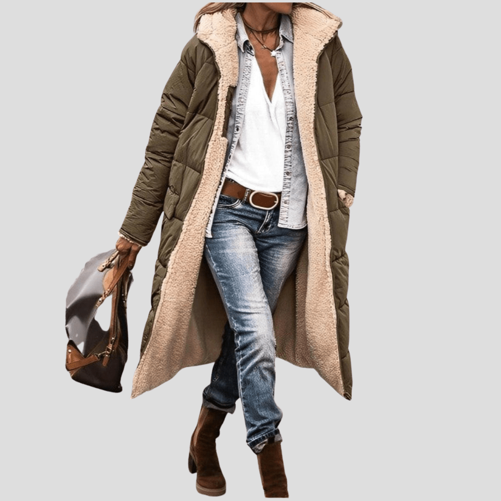 Primadon Damenmäntel & -jacken Olivegrün / S Wendbarer Wintermantel für Damen lang mit Kapuze Teddyfutter warm elegant