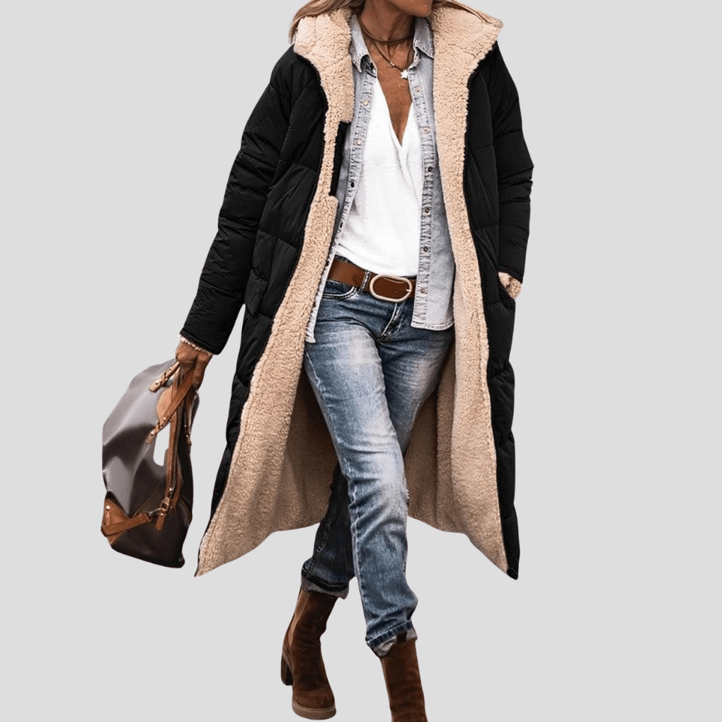 Primadon Damenmäntel & -jacken Schwarz / S Wendbarer Wintermantel für Damen lang mit Kapuze Teddyfutter warm elegant