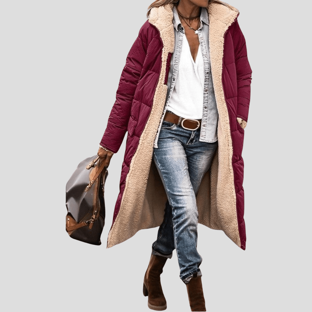 Primadon Damenmäntel & -jacken Weinrot / S Wendbarer Wintermantel für Damen lang mit Kapuze Teddyfutter warm elegant