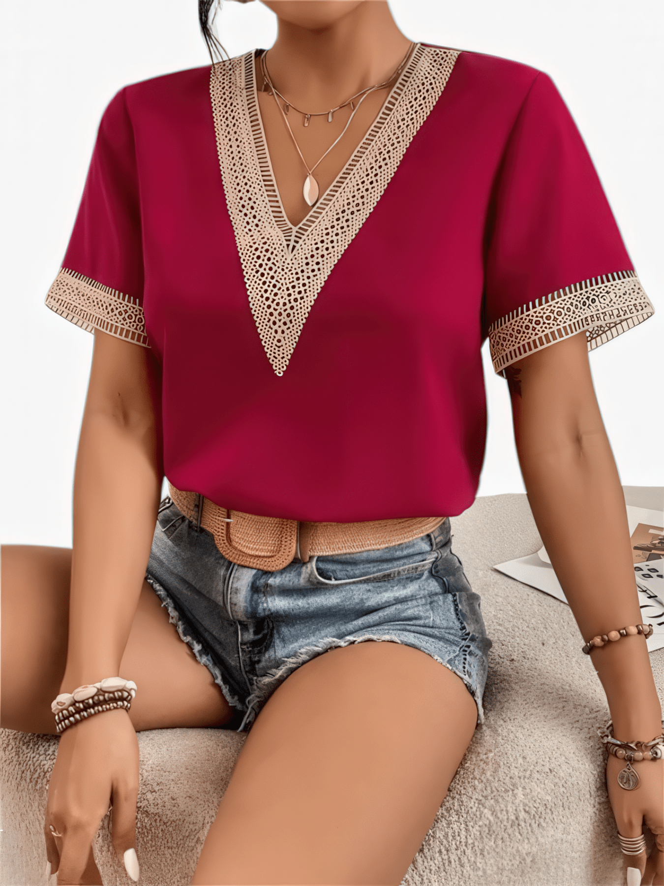 Primadon Damenoberteile Rot / S Elena elegantes Spitzentop für Damen leicht
