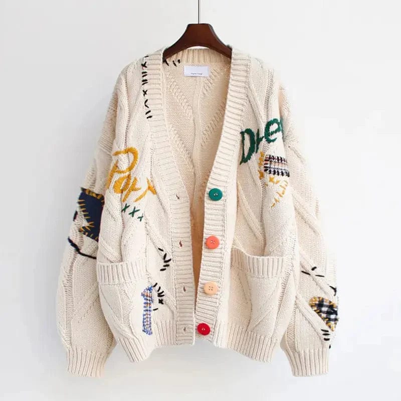 Primadon Damenpullover Beige / Standardgröße Weicher Cardigan für Damen mit V-Ausschnitt Patchwork-Stickerei Herbst Acryl