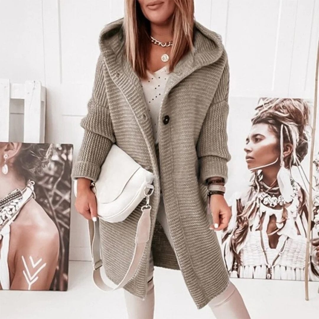 Primadon Damenpullover & -cardigans Khaki / S Mela Damen Strickjacke | Mittellang, Bequem mit Kapuze