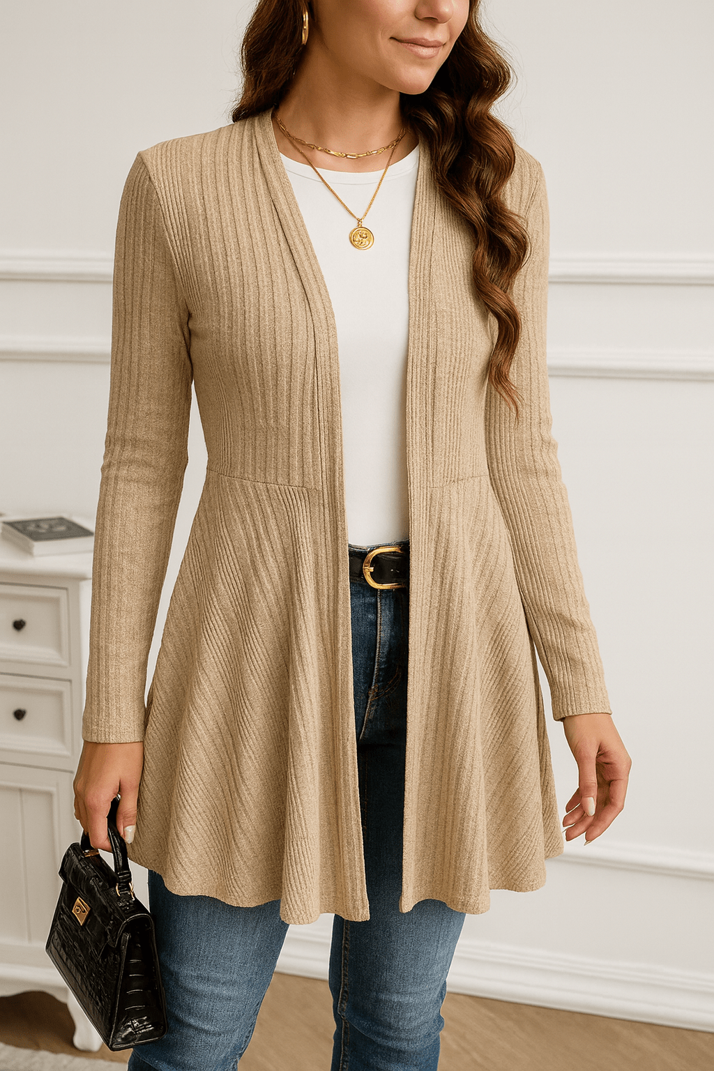 Primadon Damenpullover Khaki / S Clara | Elegante Strickjacke Damen lang für jeden Anlass