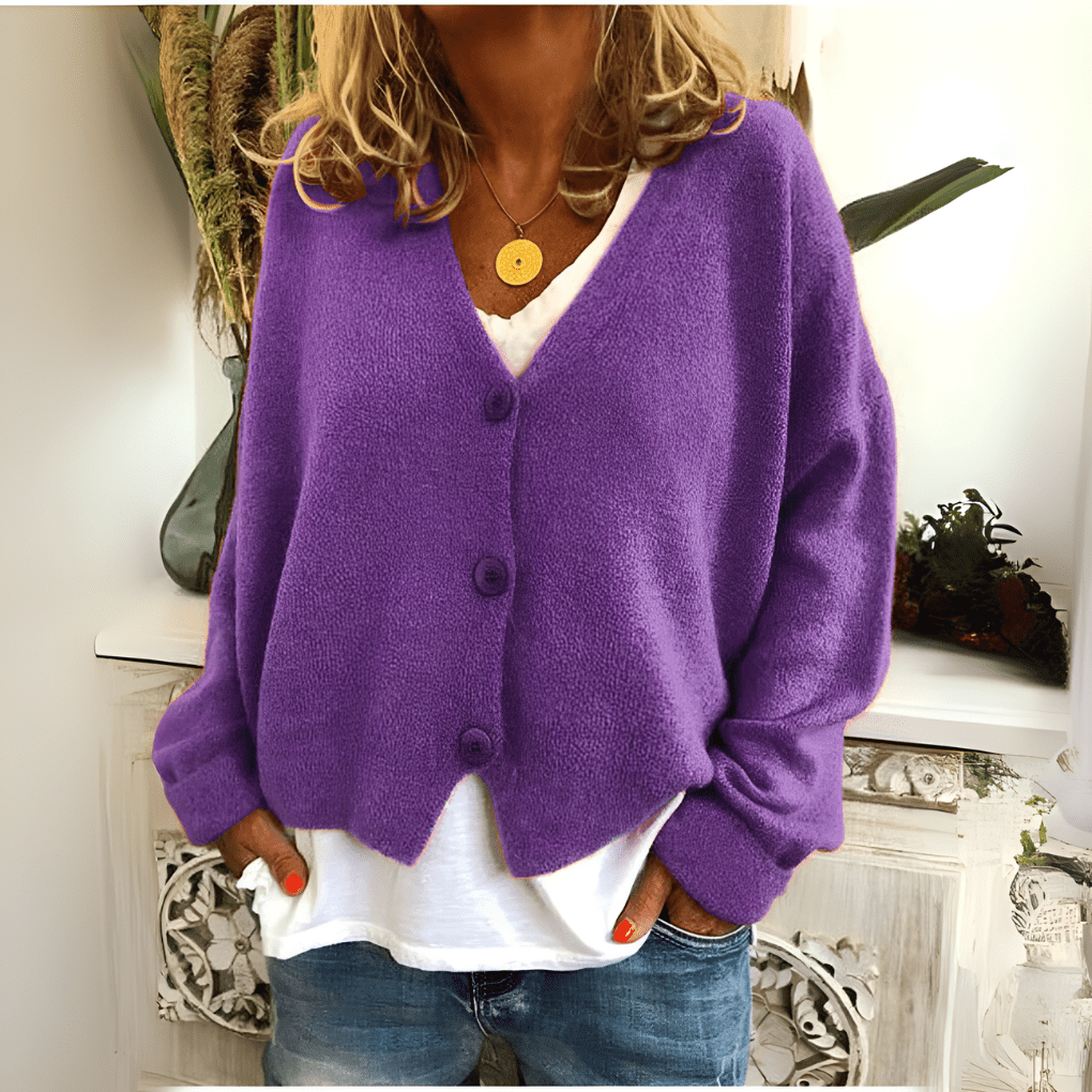 Primadon Damenpullover Lila / S Weicher Cardigan für Damen entspannt V-Ausschnitt vielseitig Frühling Herbst
