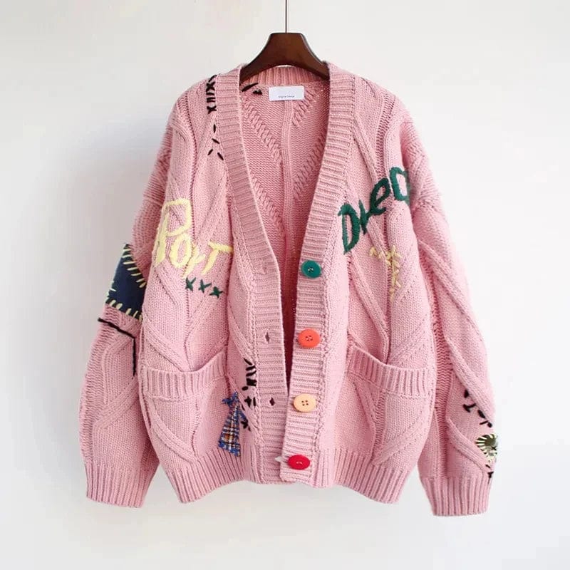 Primadon Damenpullover Pink / Standardgröße Weicher Cardigan für Damen mit V-Ausschnitt Patchwork-Stickerei Herbst Acryl